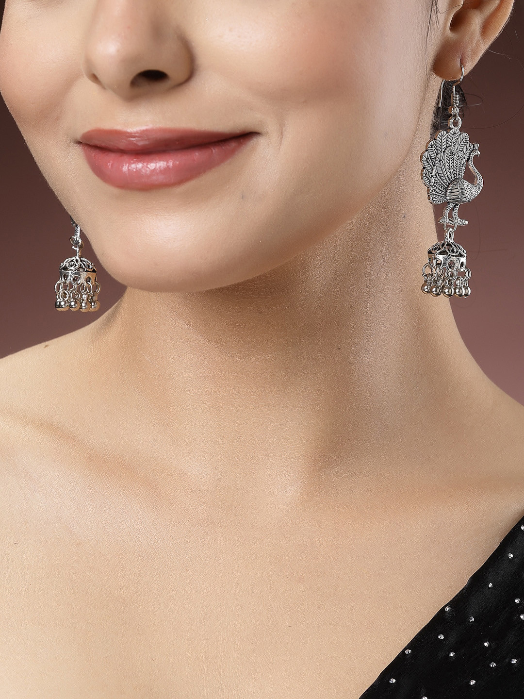 NVR Silver-Plated Peacock Design Oxidised Jhumkas