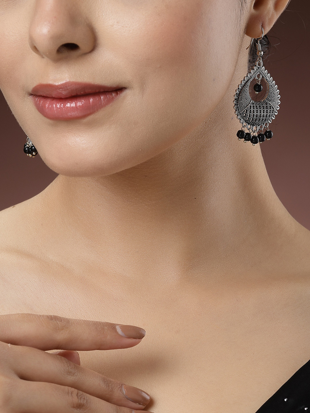 NVR Silver-Plated Contemporary Oxidised Chandbali