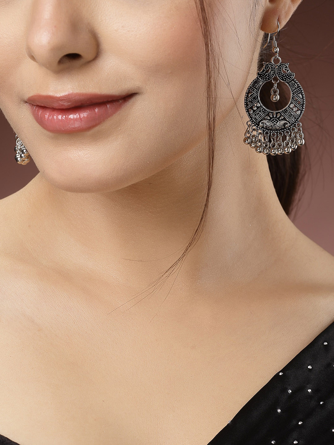 NVR Silver-Plated Contemporary Oxidised Chandbali
