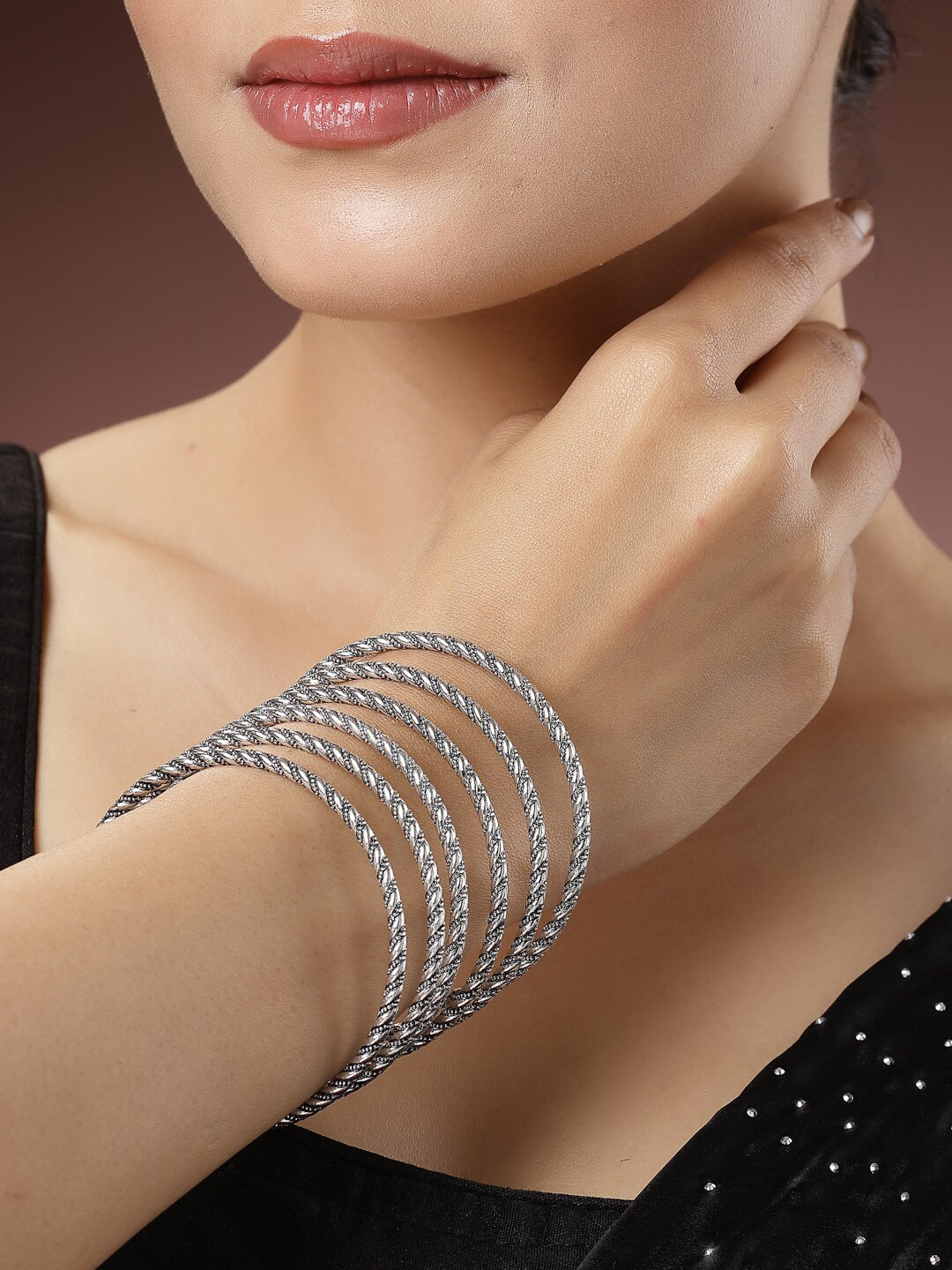 NVR Women Set of 12 German Silver Plated Oxidised Bangles