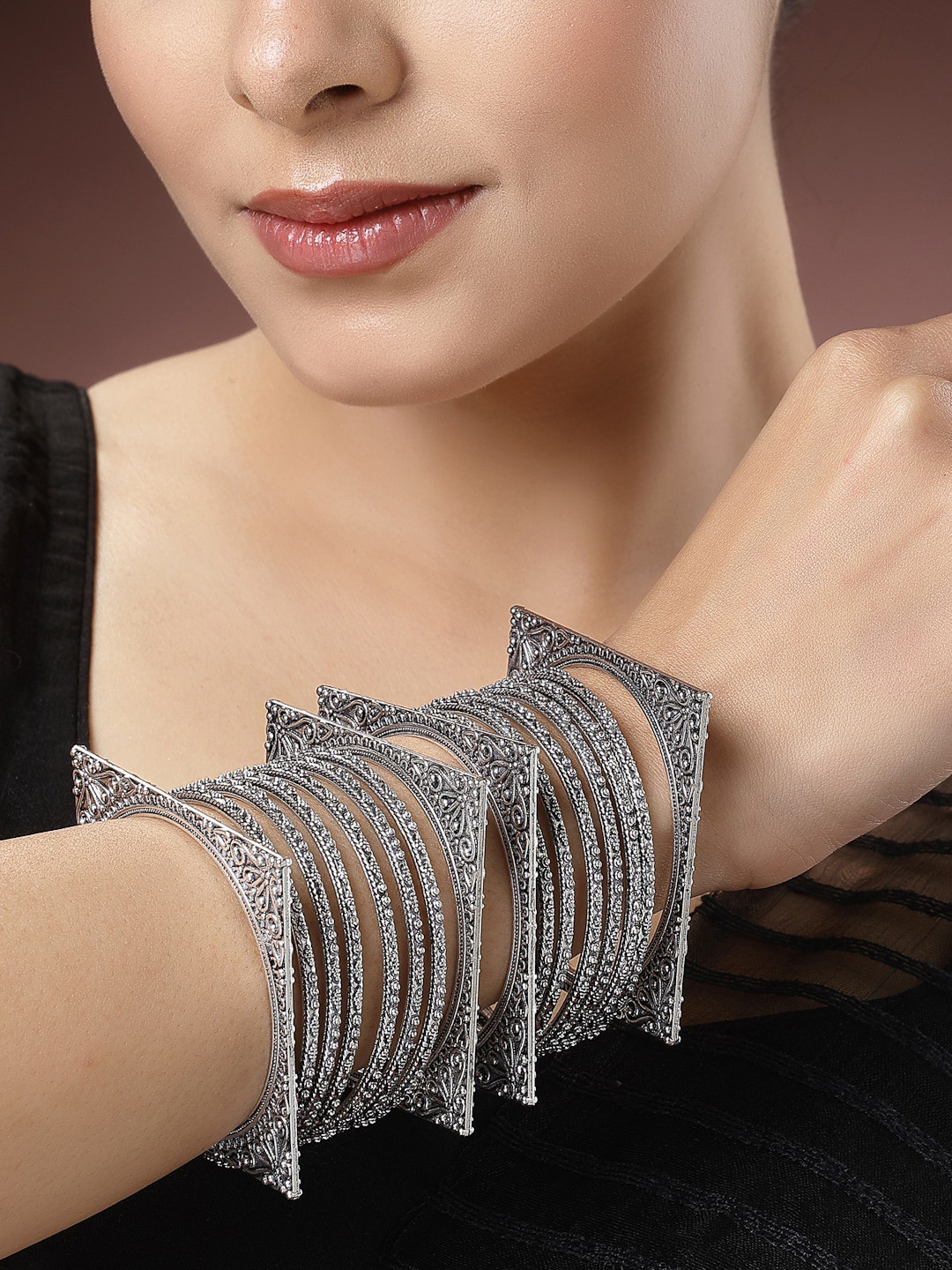 NVR Women Set of 16 Silver-Toned German Silver Oxidised Bangles