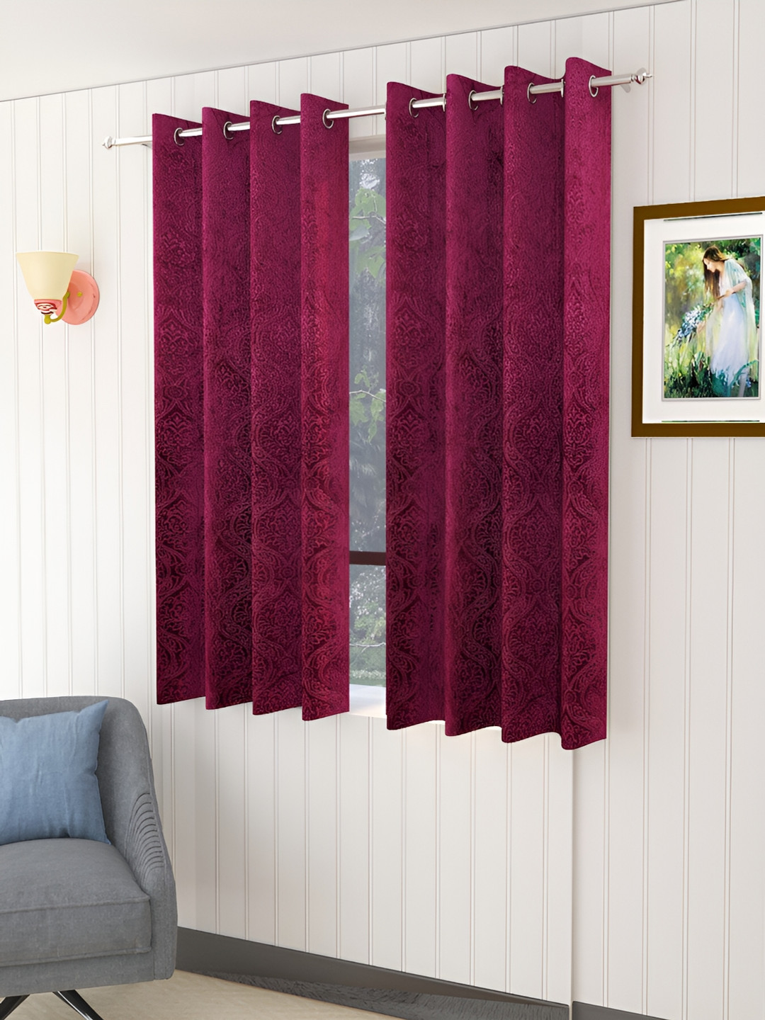 Aura Burgundy 2 Pieces Self Design Velvet Room Darkening  Window Curtains