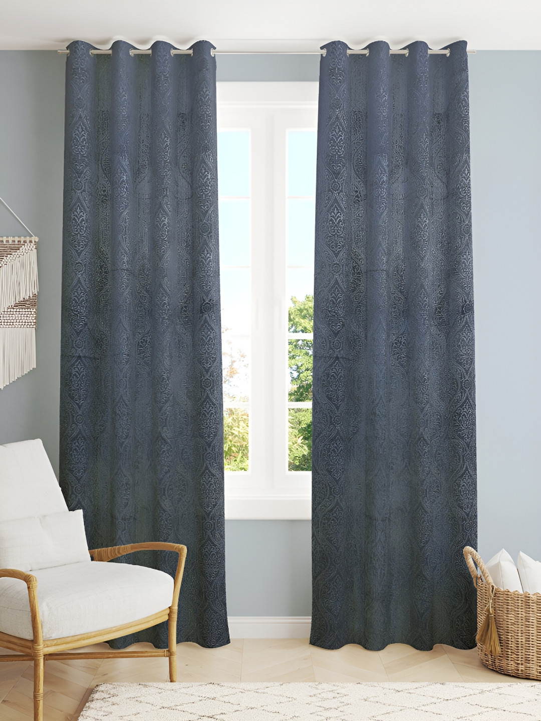 Aura Grey Velvet Embossed Grey 2 Pieces Floral Printed Room Darkening Door Curtains