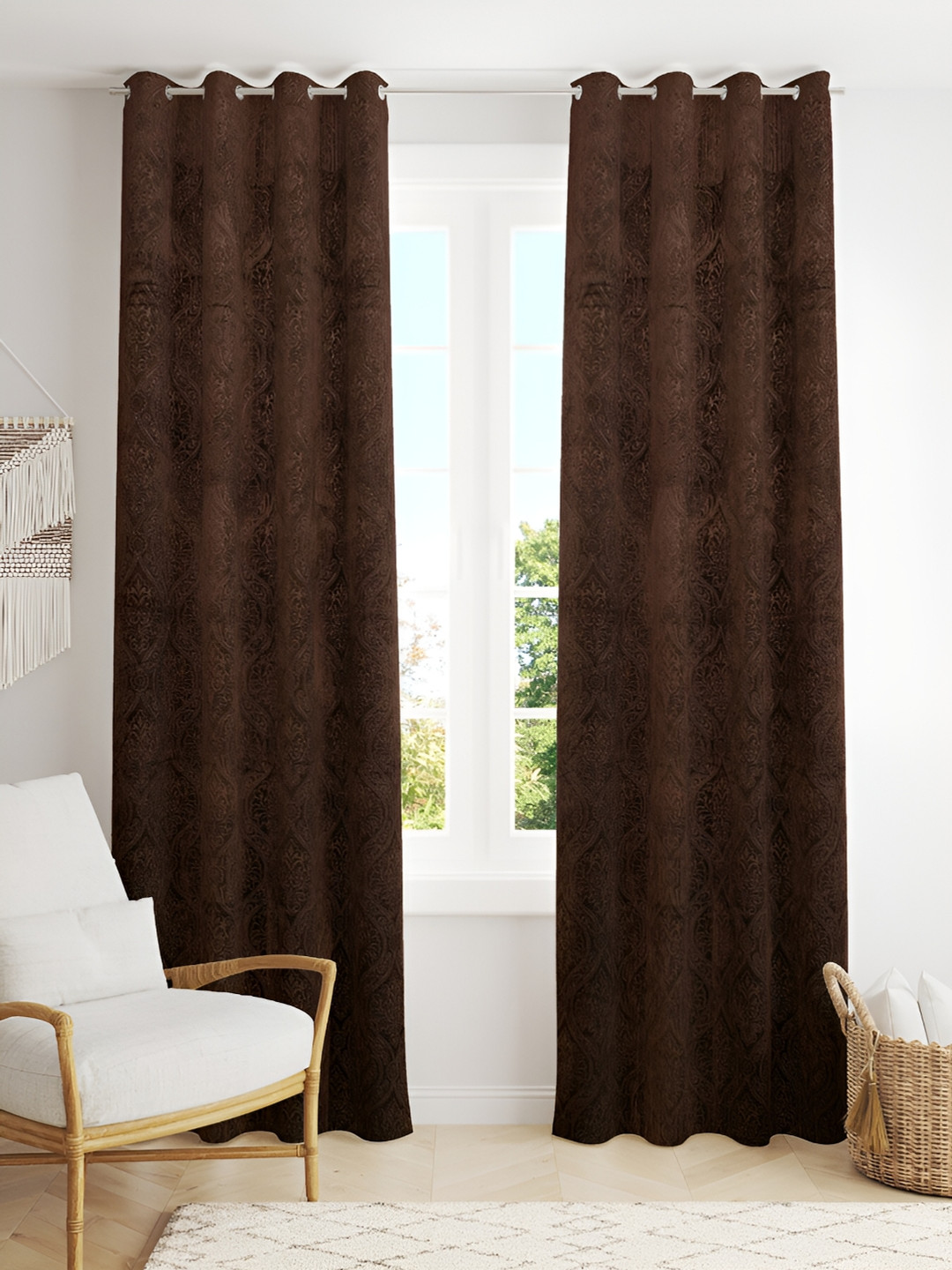Aura Coffee Brown Velvet Embossed 2 Pieces Self Design Room Darkening Long Door Curtains