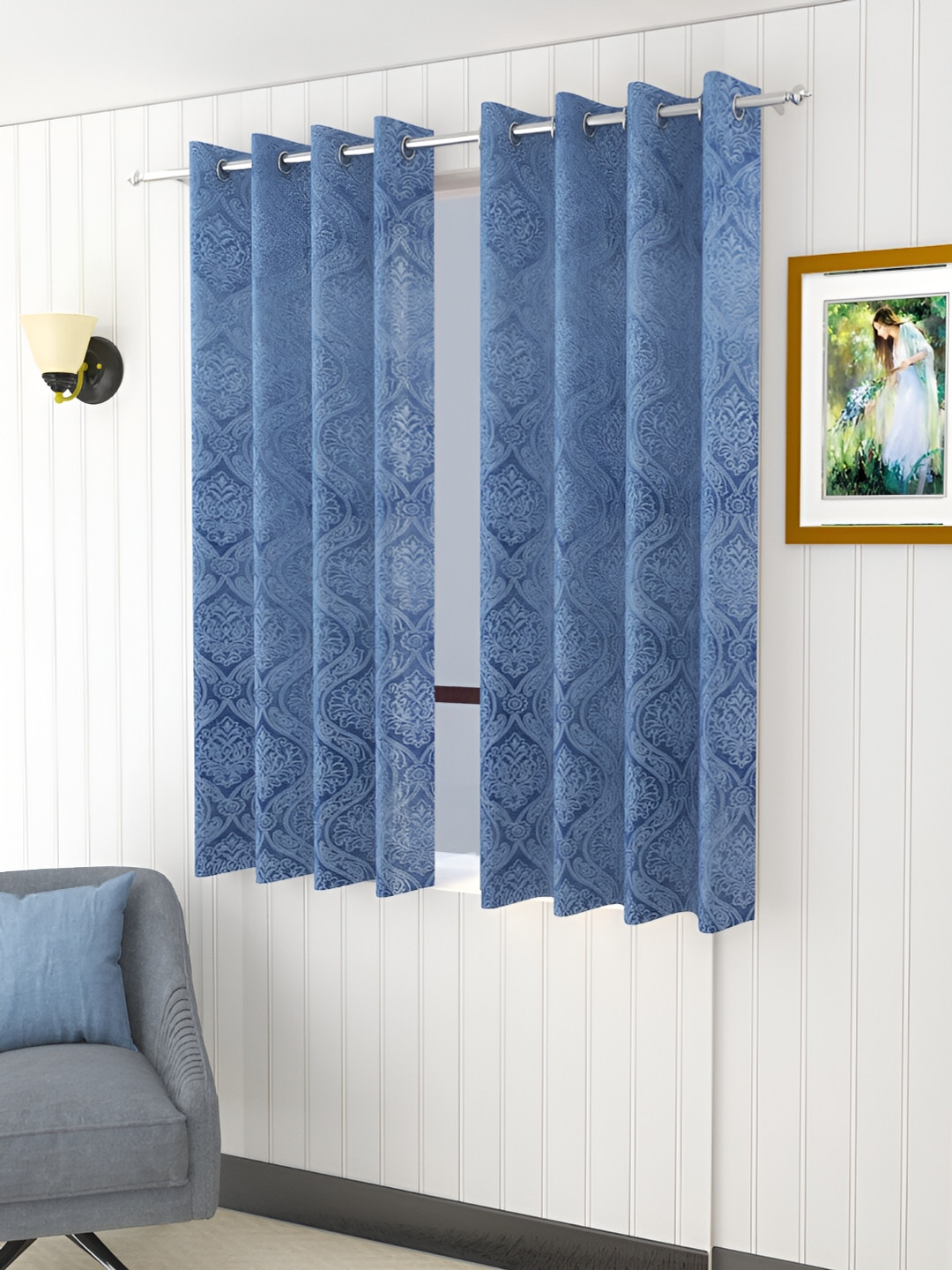 Aura Blue 2 Pieces Self Design Room Darkening Window Curtains