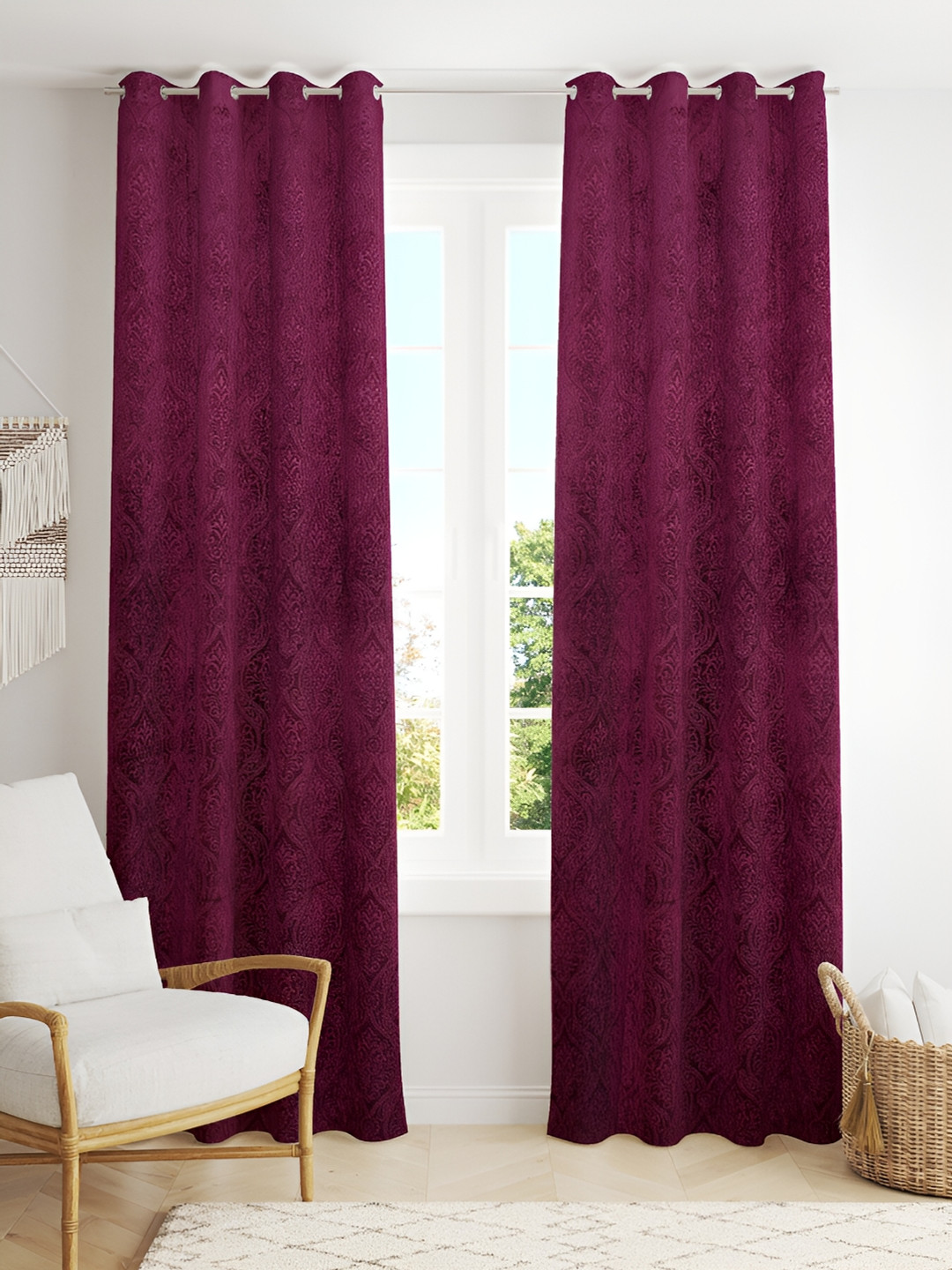 Aura Burgundy 2 Pieces Self Design Velvet Room Darkening Long Door Curtains
