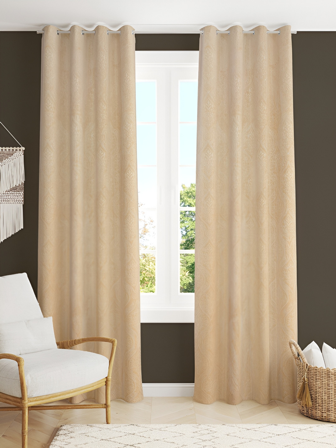 Aura Velvet Embossed Cream-Toned 2 Pieces Ethnic Motifs Room Darkening Window Curtains
