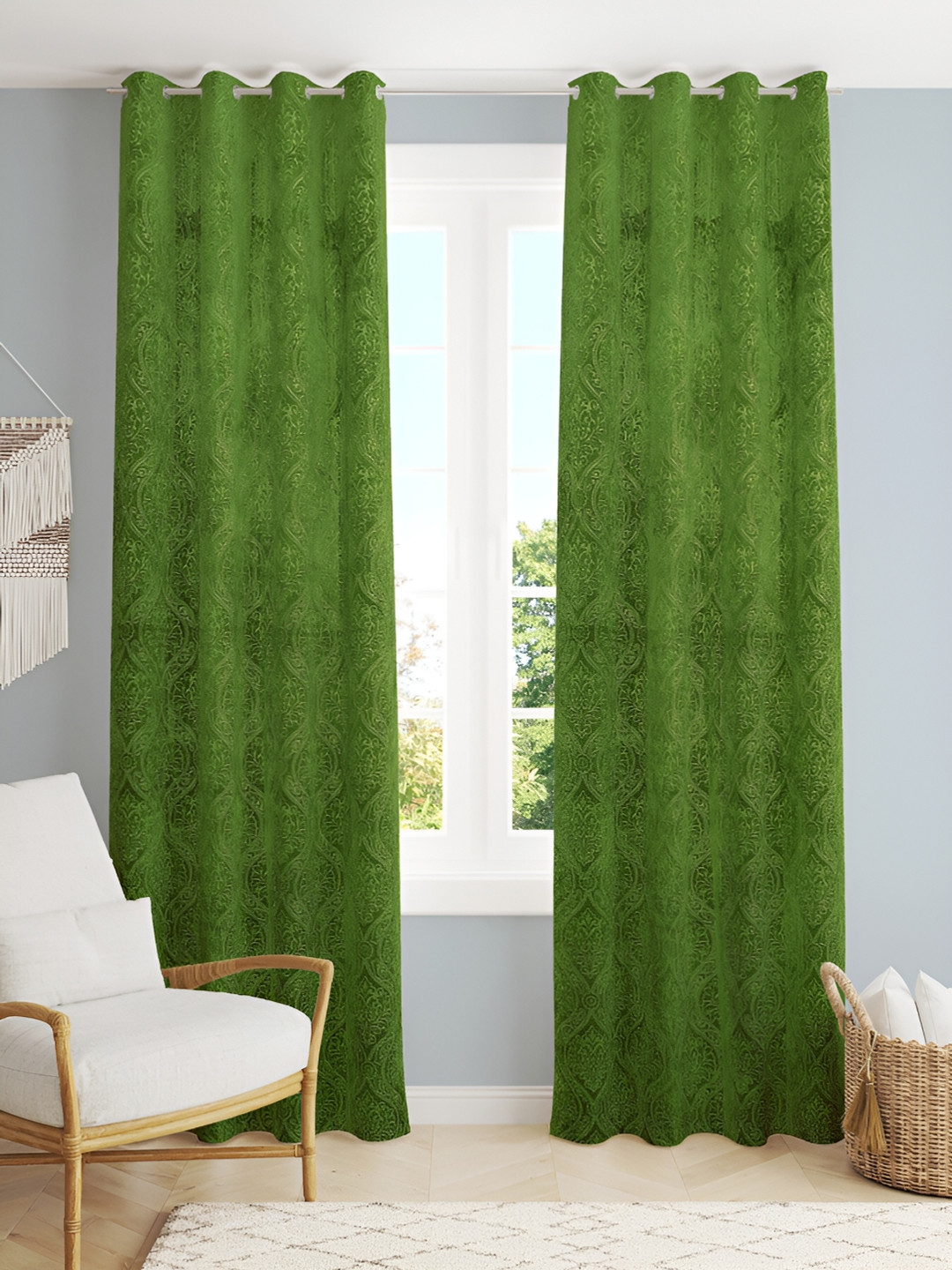Aura Green 2 Pieces Self Design Velvet Room Darkening Long Door Curtains