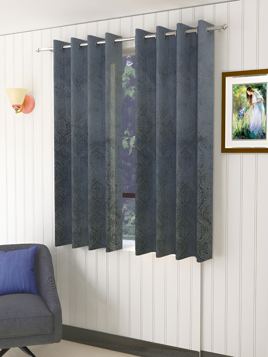 Aura Velvet Embossed Grey 2 Pieces Floral Printed Room Darkening Window Curtains