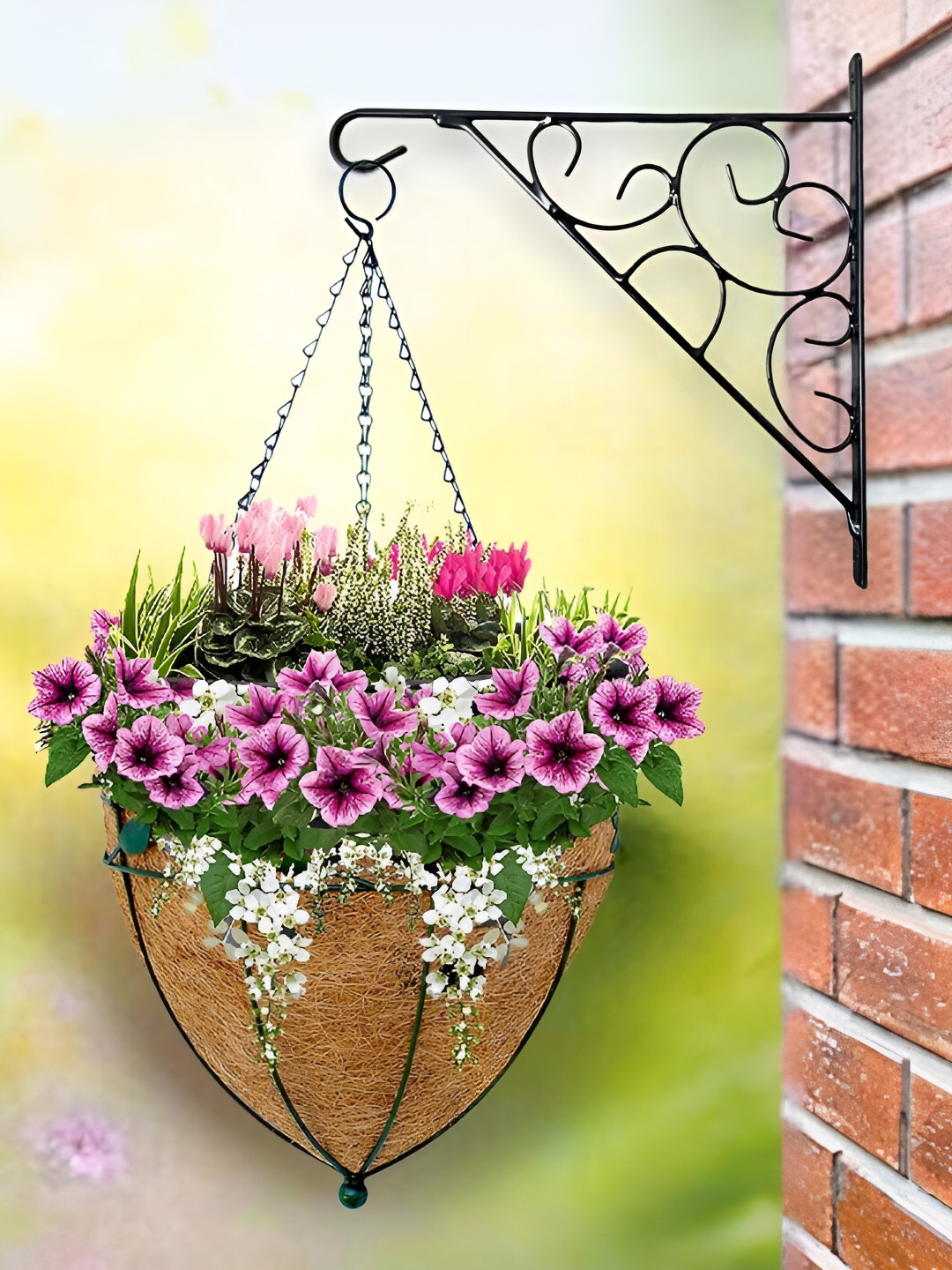 Garden Deco 4 Pieces Brown & Green Coco Coir Basket Hanging Planters with Metal Chain