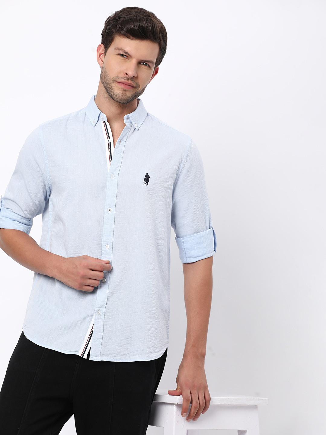 R&B Textured Self Design Long Sleeves Cotton Casual Shirt