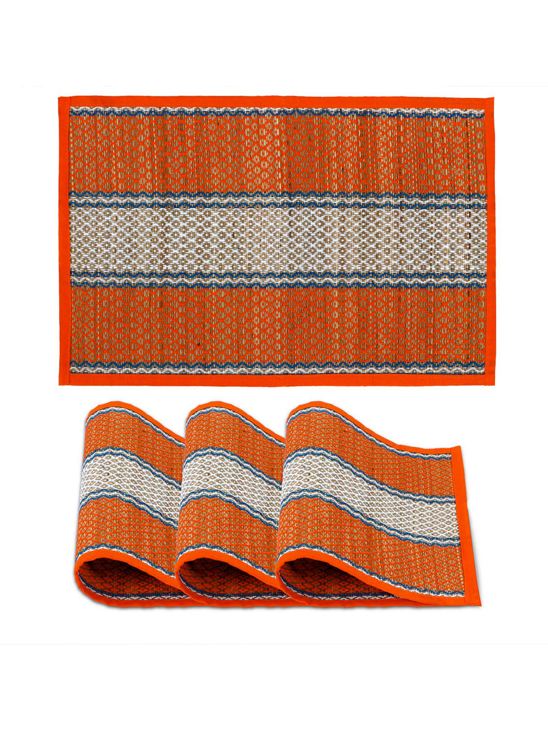 HOKIPO Madurkathi 4 Pieces Orange Coloured Printed Pattern Table Placemats