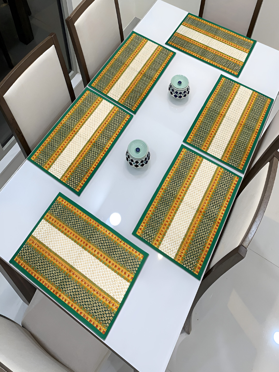 HOKIPO Madurkathi 6 Pieces Yellow & Green Geometric Pattern Table Placemats