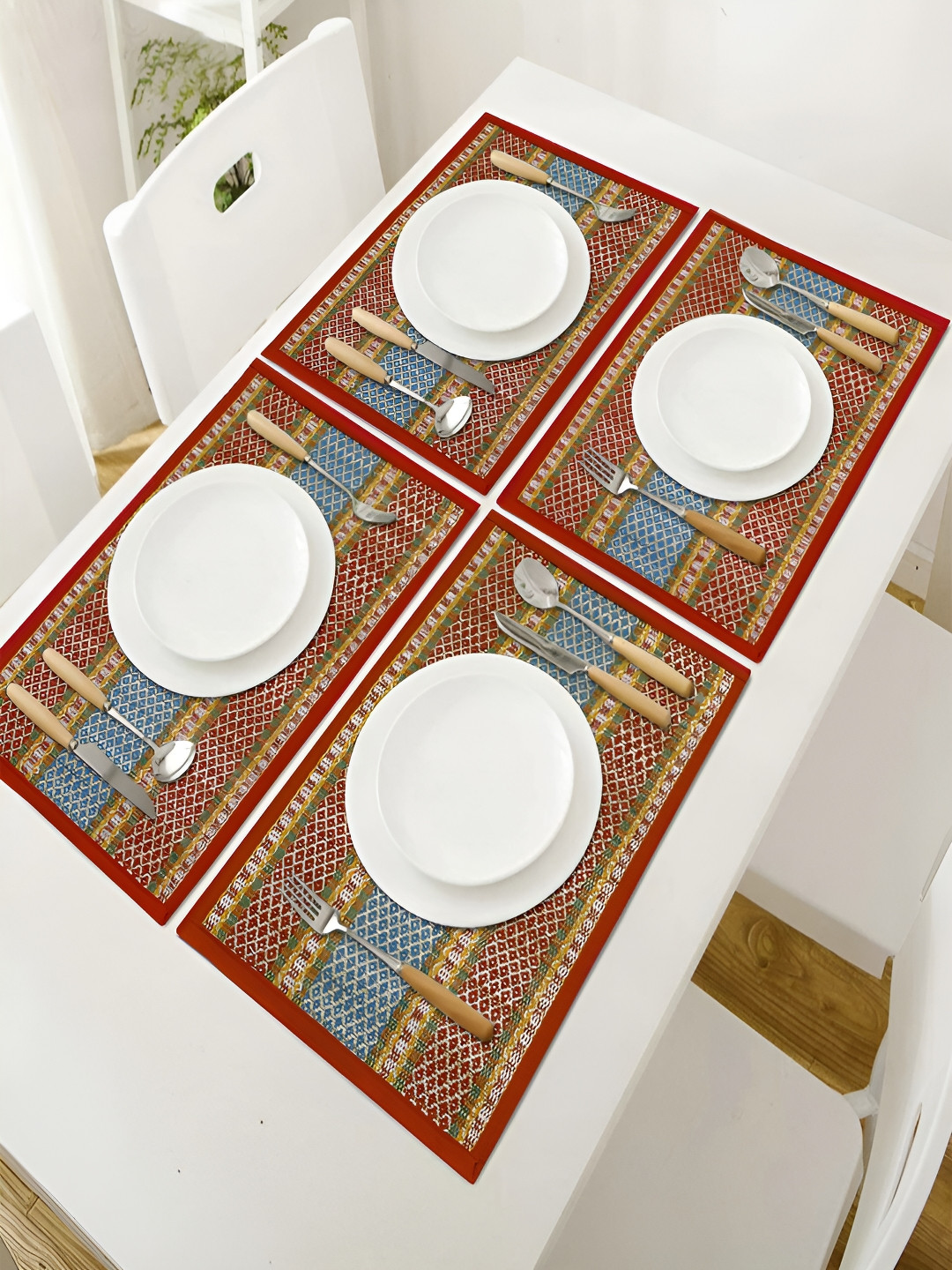 HOKIPO Madurkathi 4 Pieces Red & Blue Geometric Table Placemats