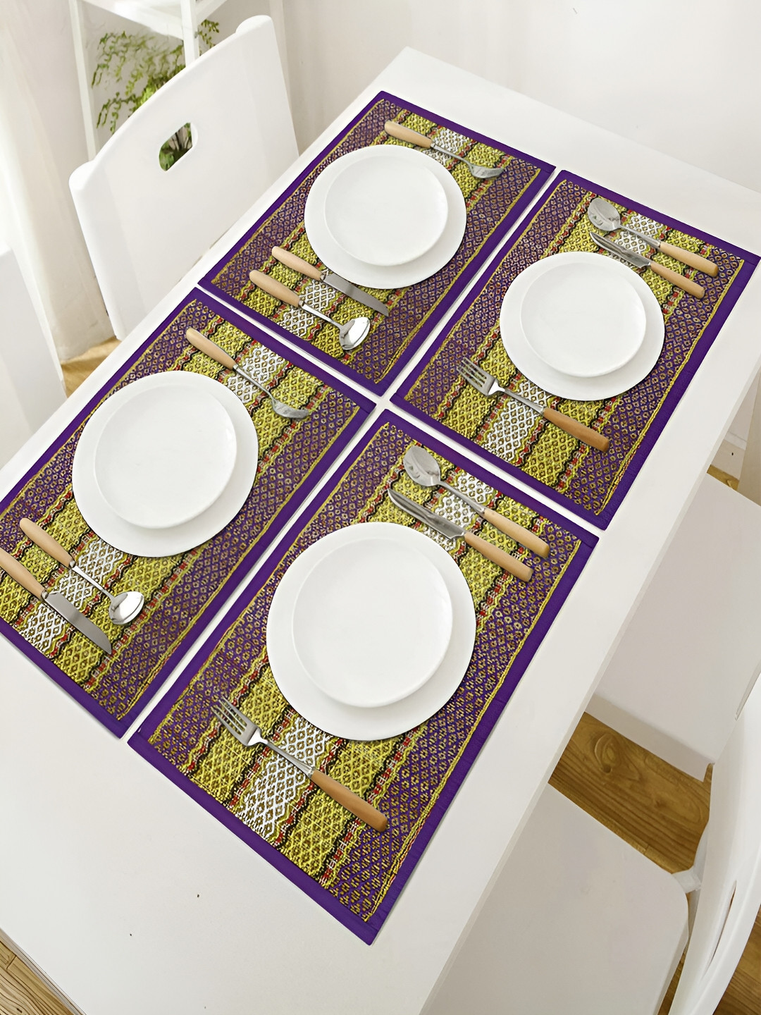 HOKIPO Madurkathi 4 Pieces Purple & Yellow Geometric River Grass Table Placemats