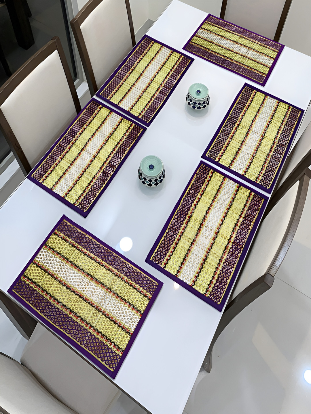 HOKIPO Madurkathi 6 Pieces Purple & Yellow Geometric Pattern River Grass Table Placemats
