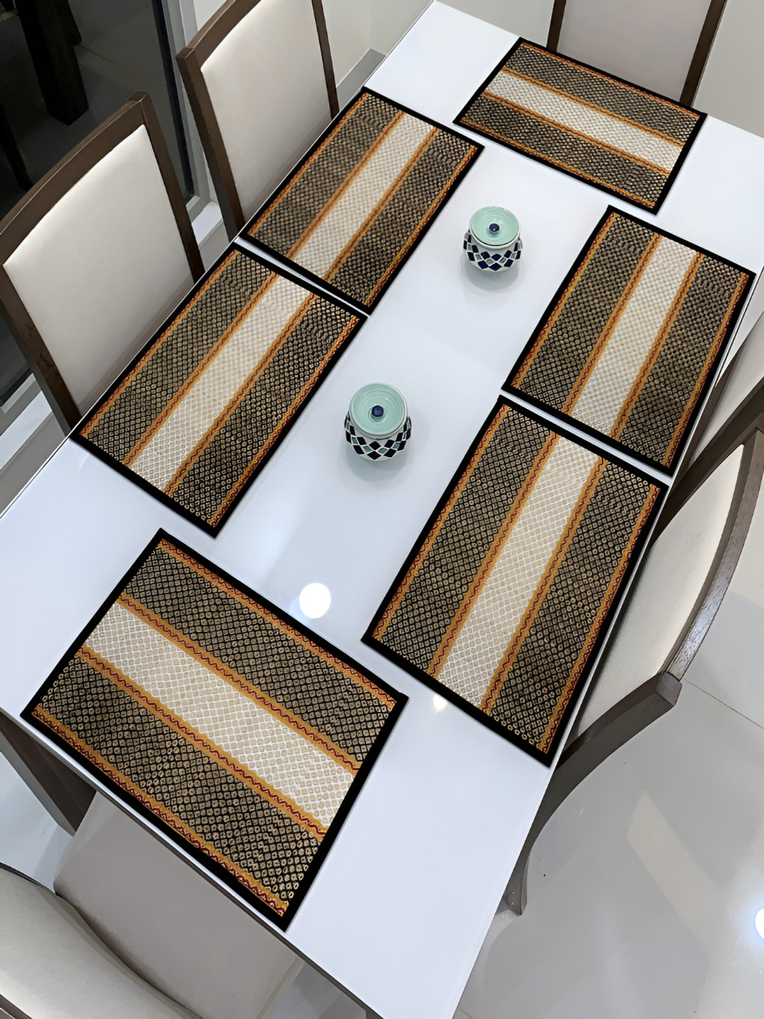 HOKIPO Madurkathi 6 Pieces Black Geometric Pattern River Grass Table Placemats
