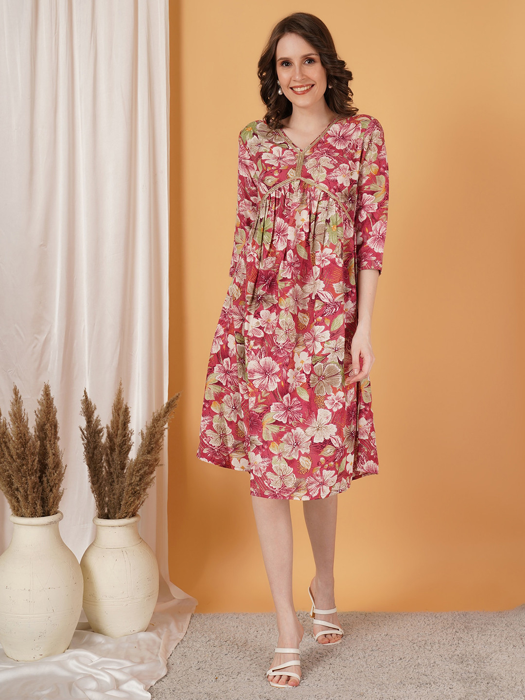 Fbella V-Neck Floral Print A-Line Dress