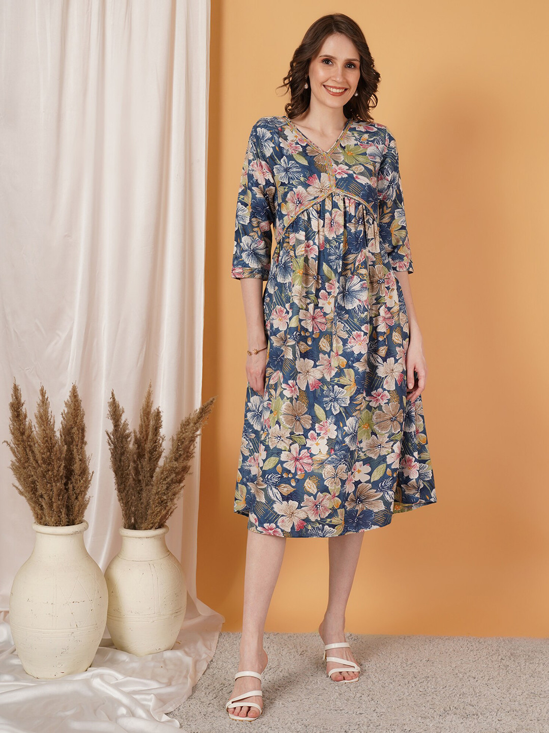 Fbella V-Neck Floral Print A-Line Midi Dress