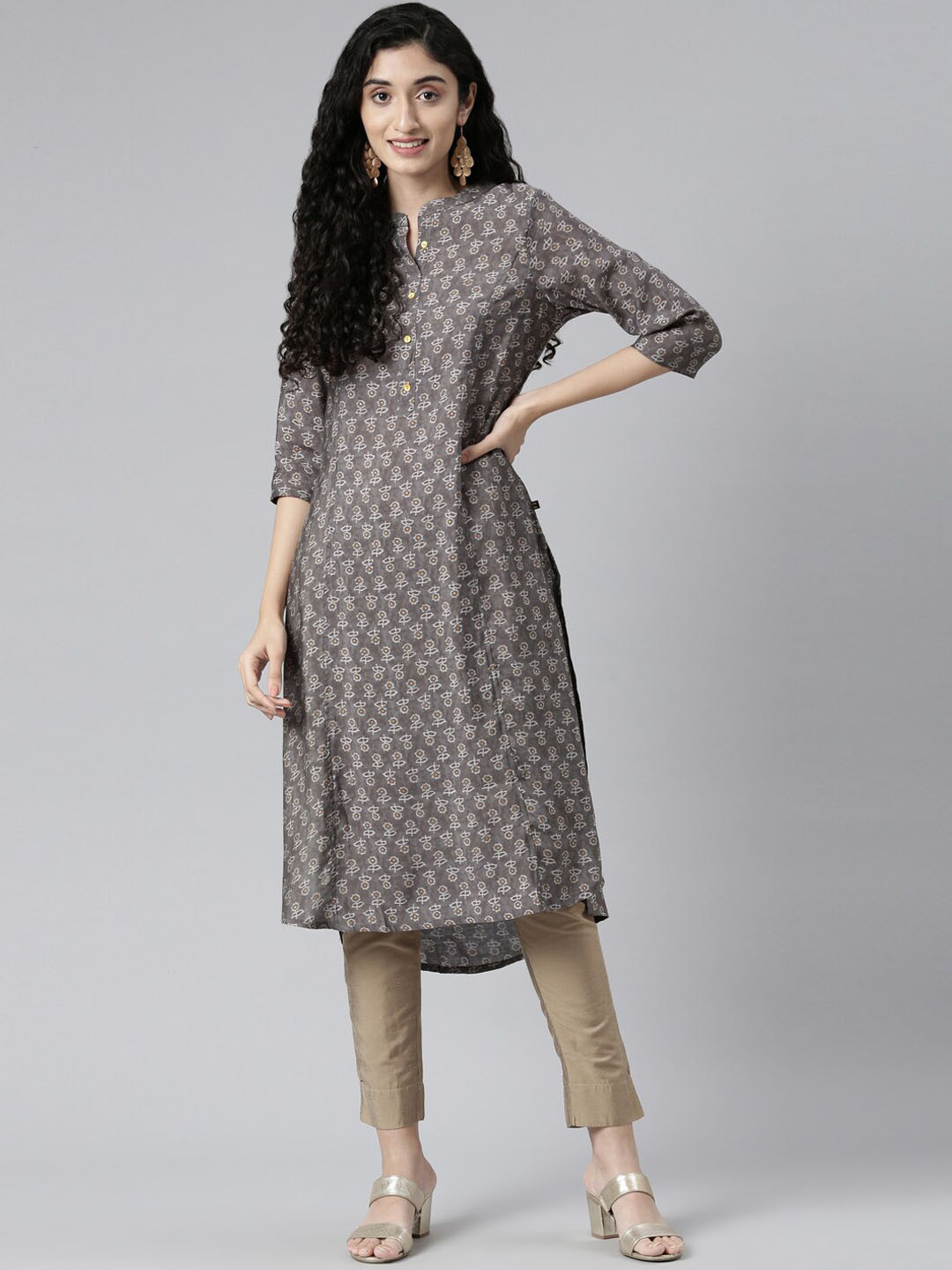 Samhitas Floral Printed Band Collar Modal Straight Kurta