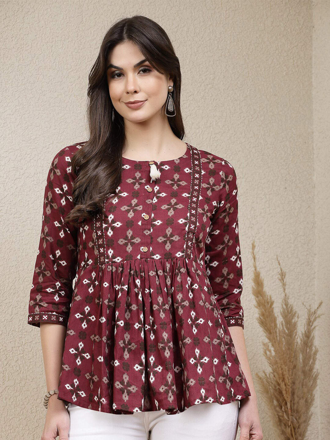 Stylum Floral Print Keyhole Neck Cotton Peplum Top