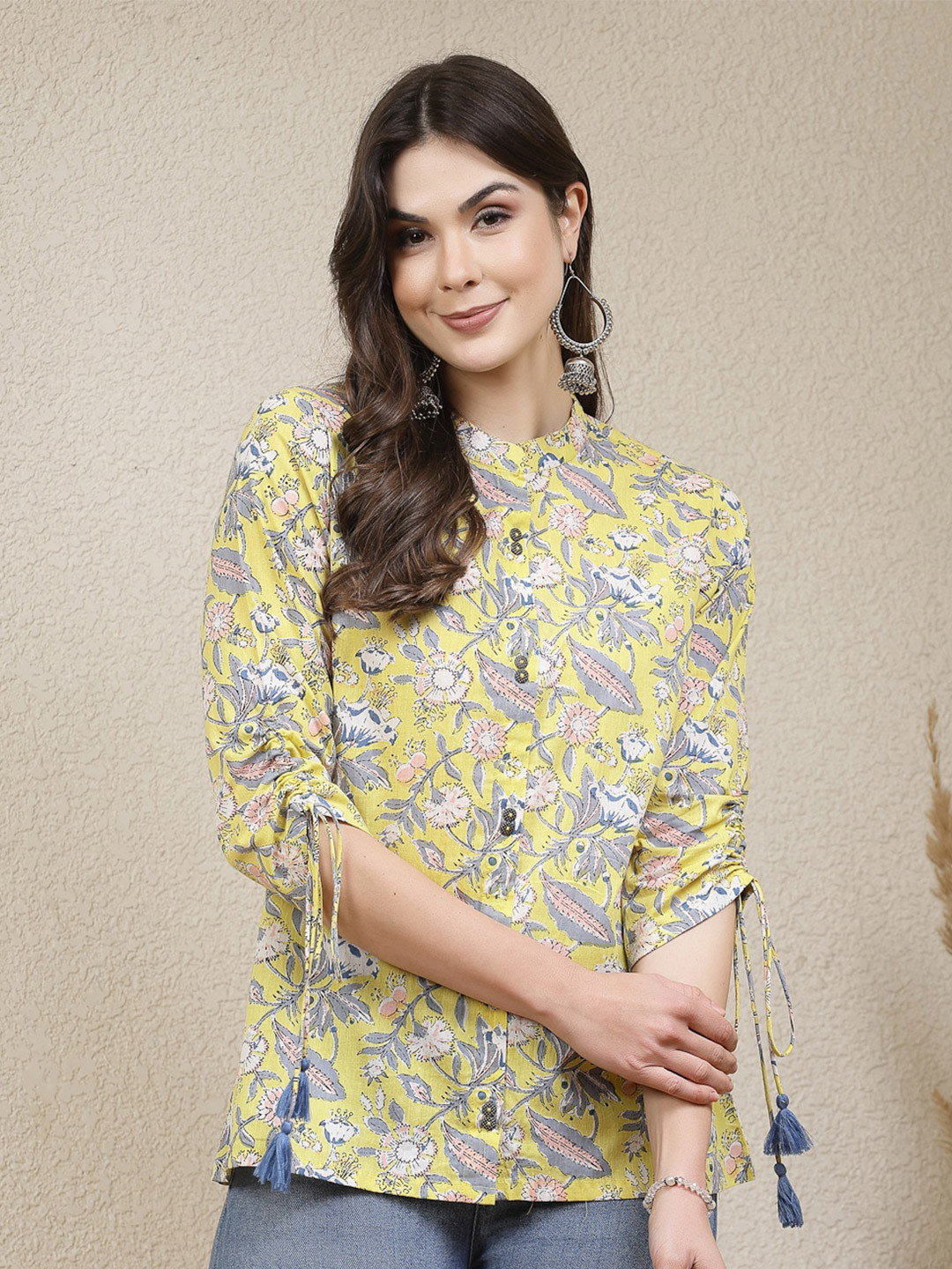 Stylum Floral Print Mandarin Collar Cotton Top