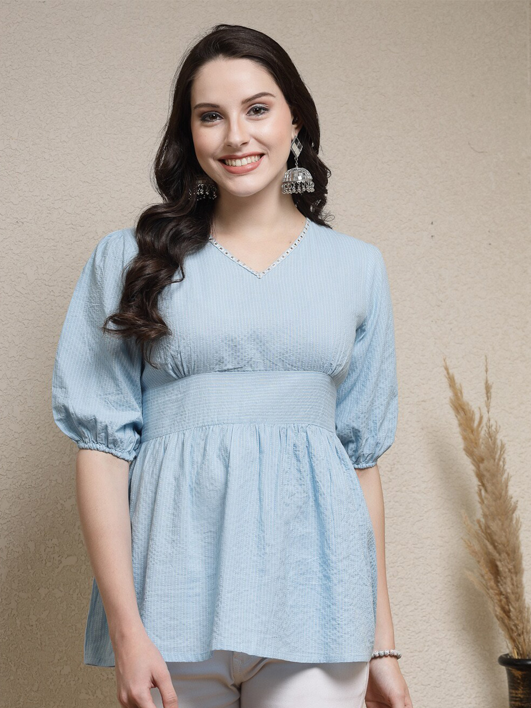 Stylum Puff Sleeve Cotton Empire Longline Top