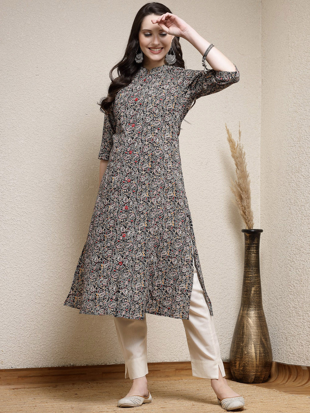 Stylum Black Ethnic Motifs Printed Mandarin Collar Roll-Up Sleeves Cotton A-Line Kurta