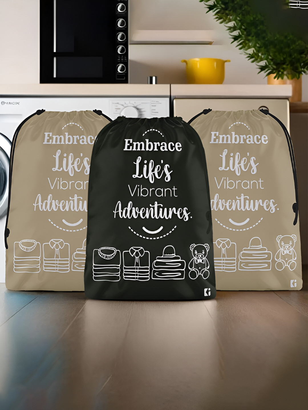 Kuber Industries Brown & Black 3 Pcs Printed Cloth Storage Bags