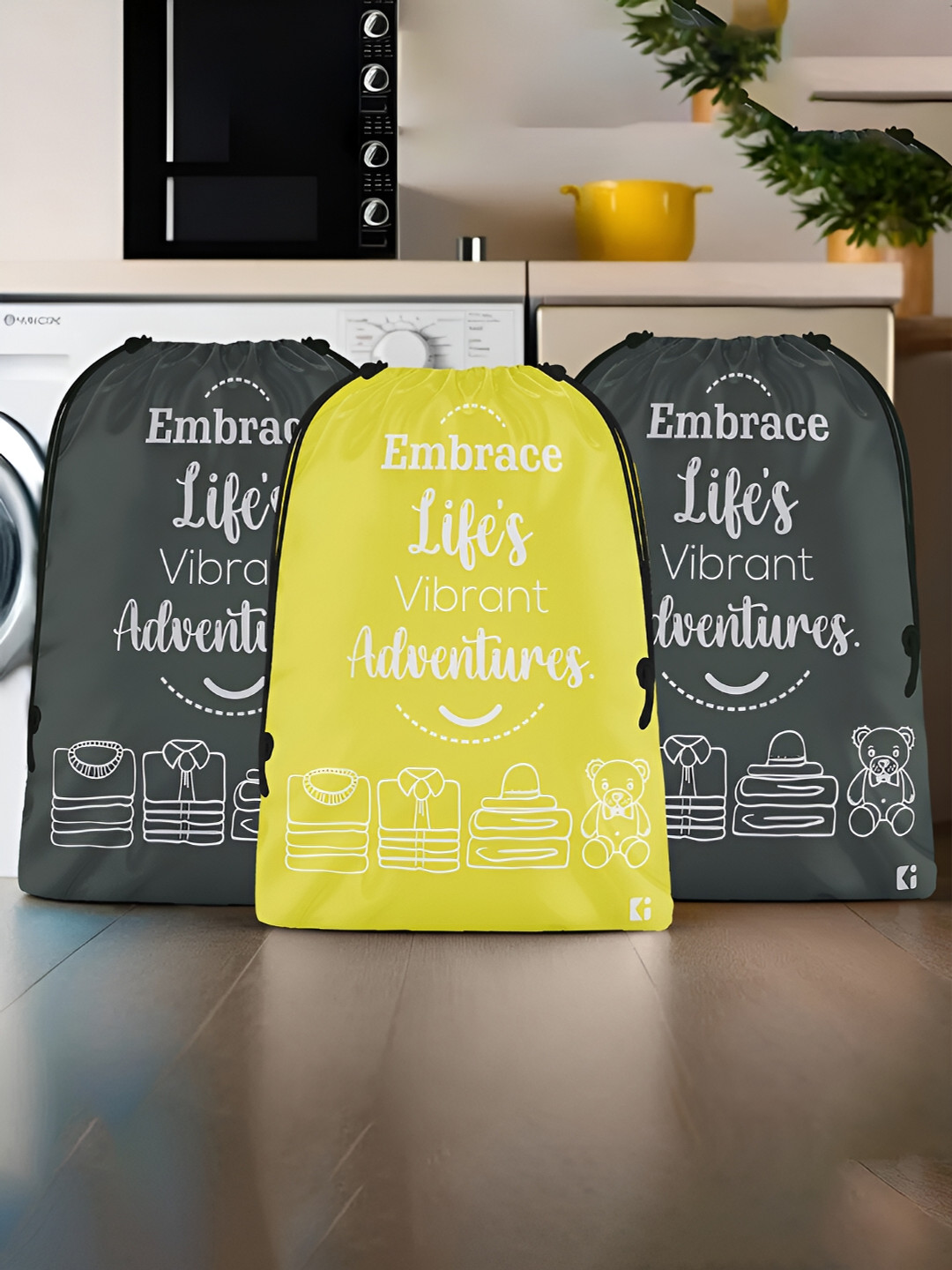 Kuber Industries Yellow & Grey 3 Pcs Printed Cloth Storage Bags