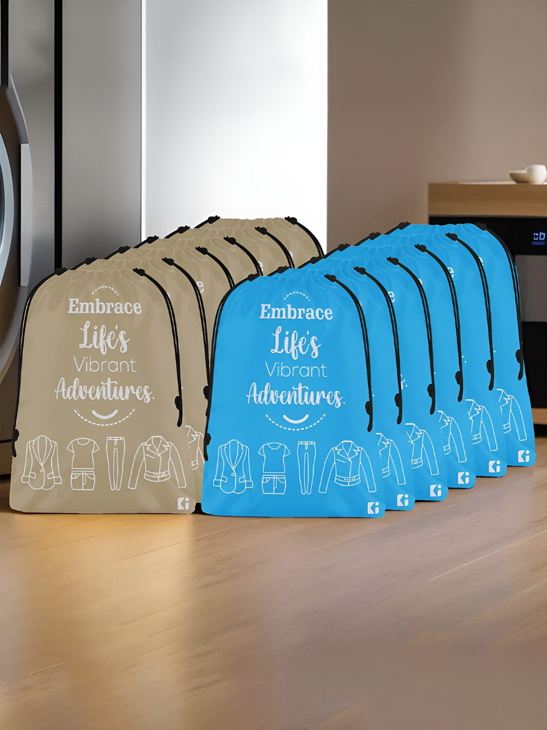 Kuber Industries Brown & Sky Blue 12 Pcs Printed Cloth Storage Bags