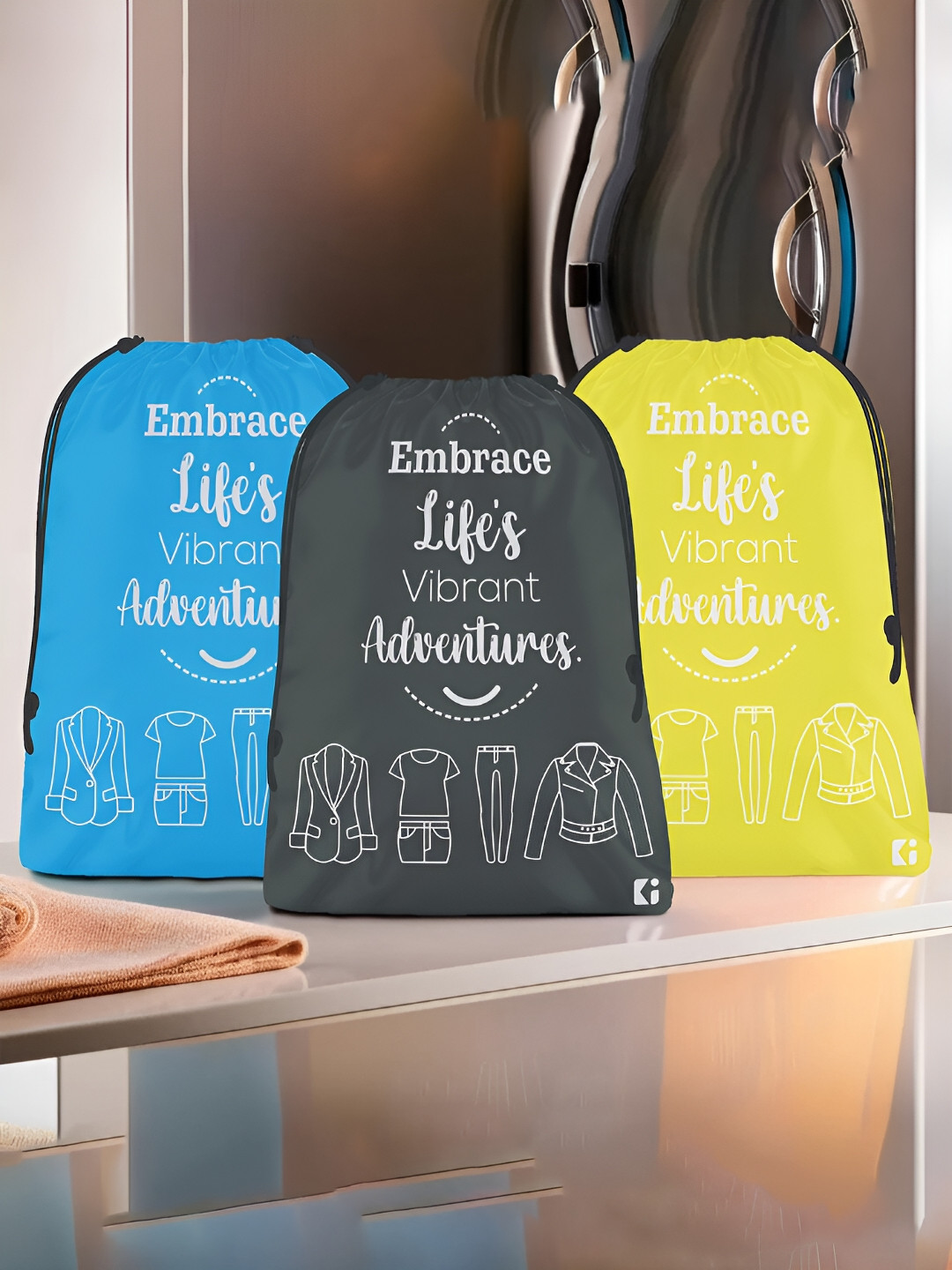 Kuber Industries Yellow-Sky Blue 3 Pcs Printed Cloth Storage Bags