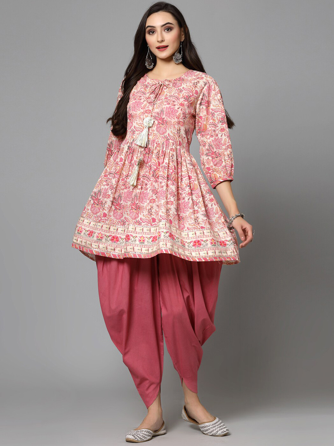Stylum Pink Floral Printed Tie-Up Neck Pure Cotton Anarkali Kurti With Dhoti Pants