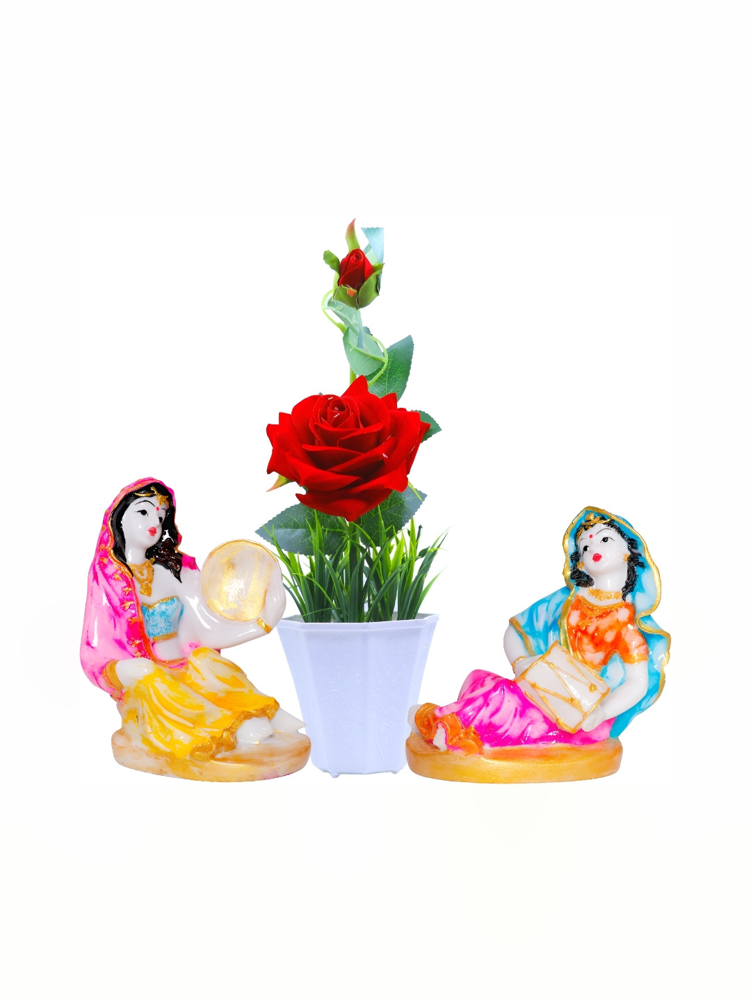 GW CREATIONS Pink & Blue 3 Pieces Textured Figurines With Plant Showpieces