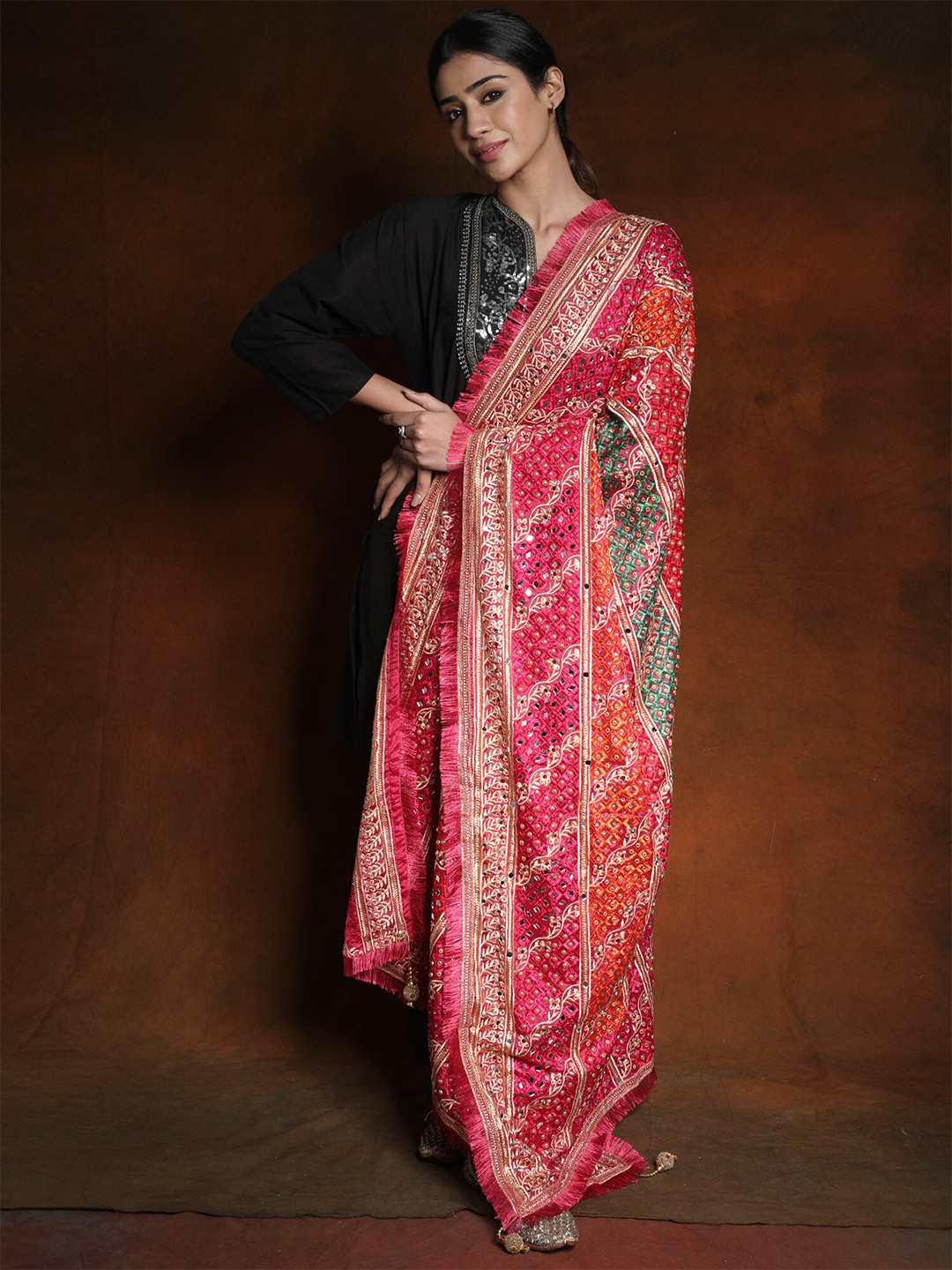 Exotic India Pink Peacock Phulkari Mirror Embroidered Silk Dupatta and Gotapatti Border