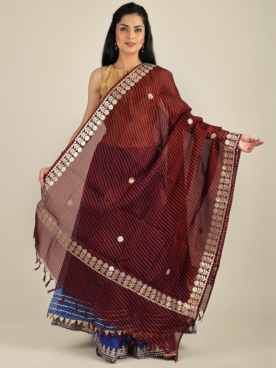 Exotic India Lava Falls Leheria Kota Doria Extra-Wide Jodhpuri Dupatta and Gota Border