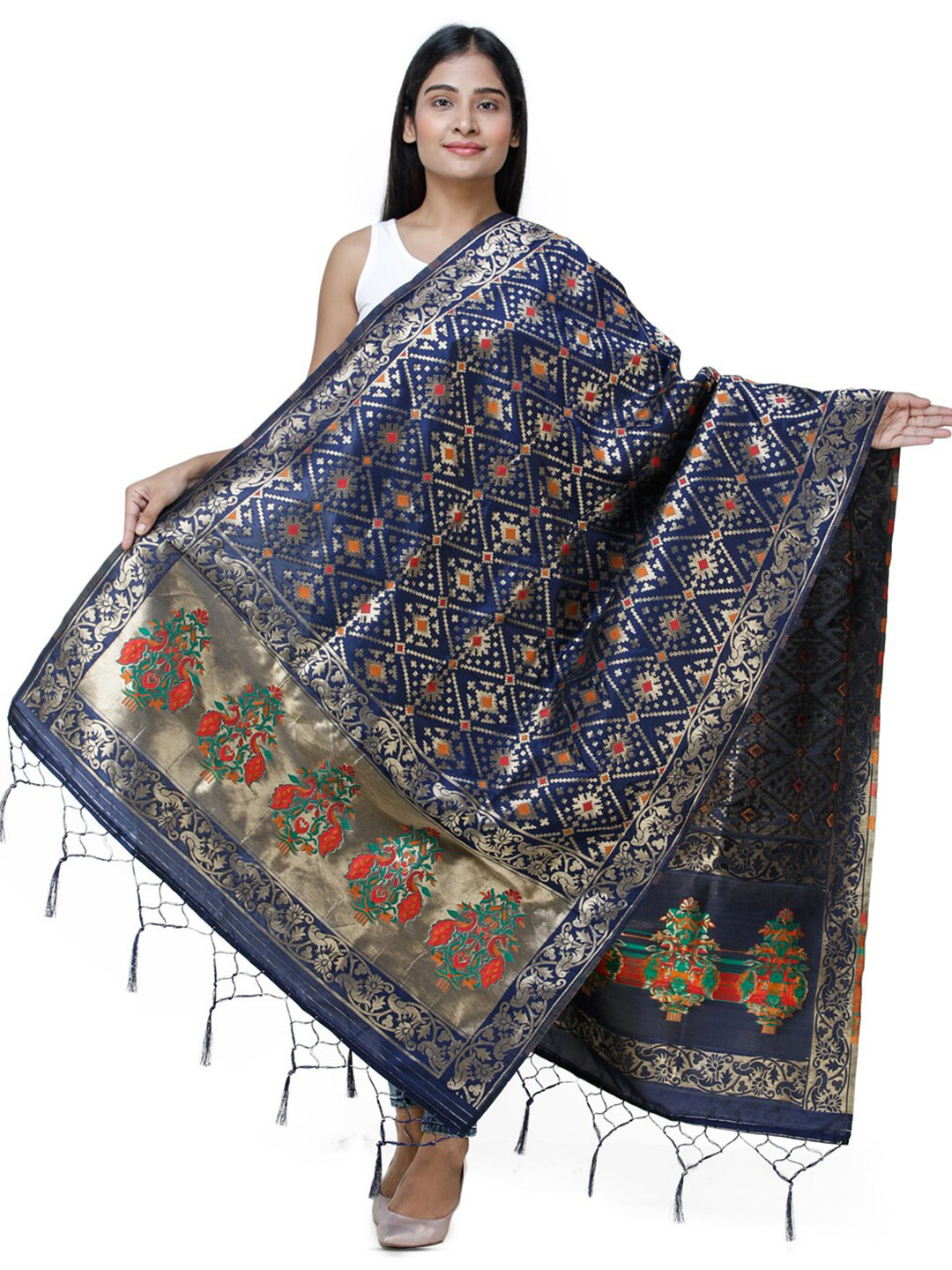 Exotic India Ocean Cavern Brocade Art Silk Dupatta with Birds and Geometric Motifs