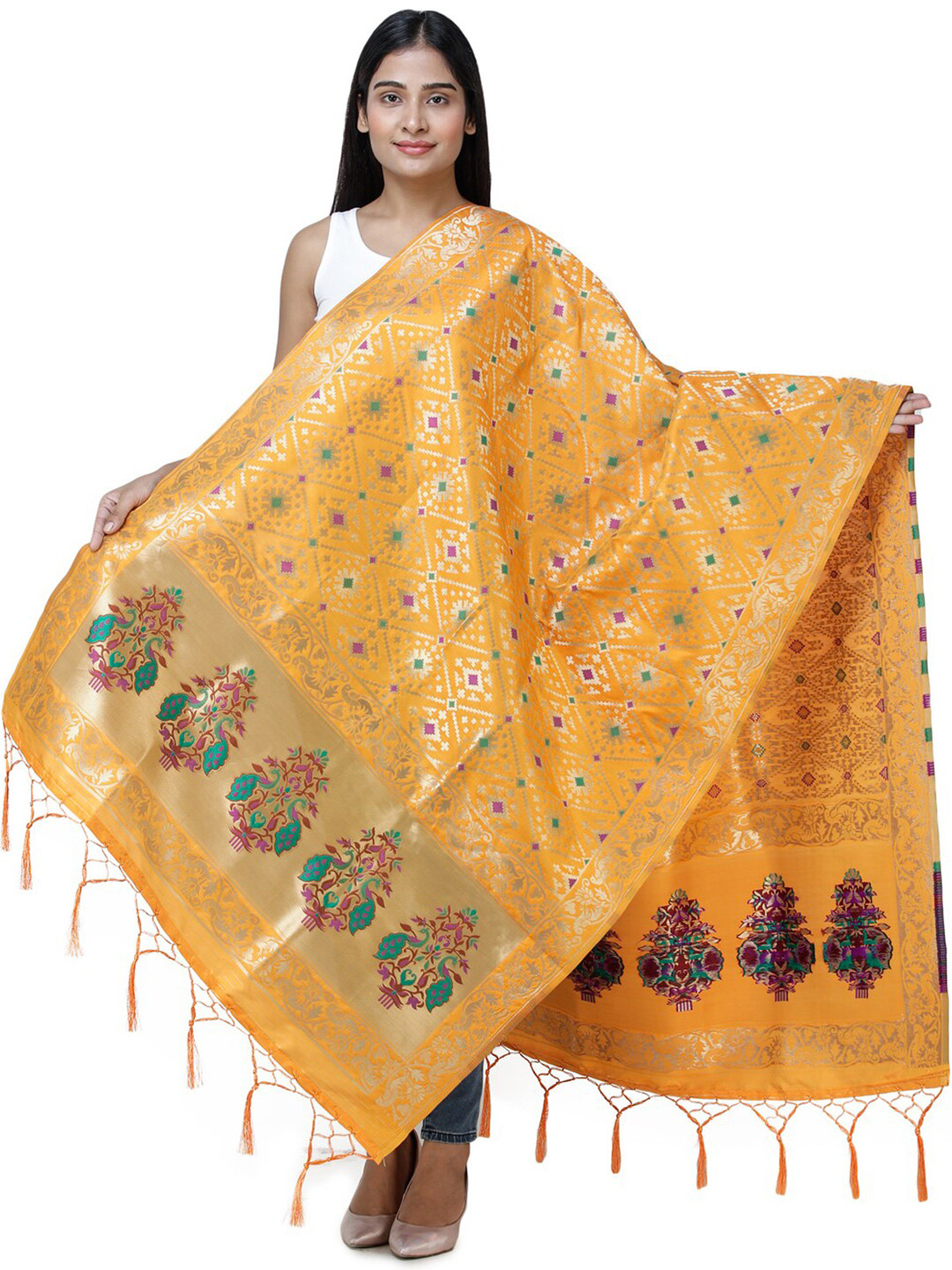 Exotic India Orange Pepper Brocade Art Silk Dupatta with Birds and Geometric Motifs