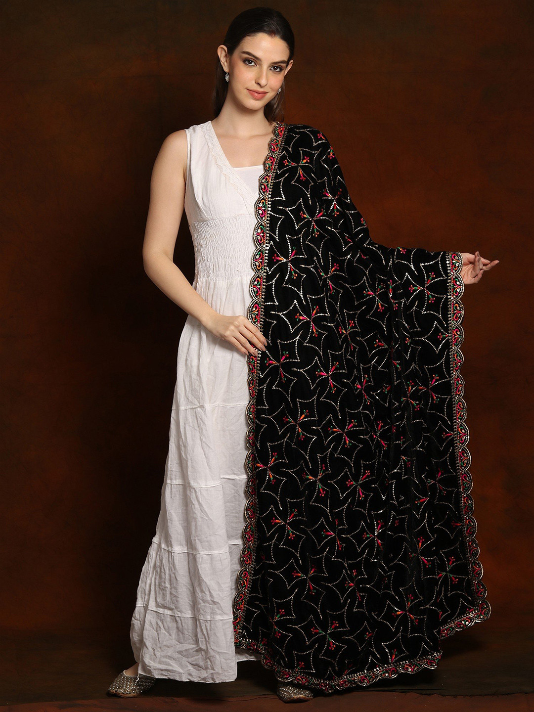 Exotic India Caviar Black Velvet Dupatta with Zari and Sequinned Diamond Pattern