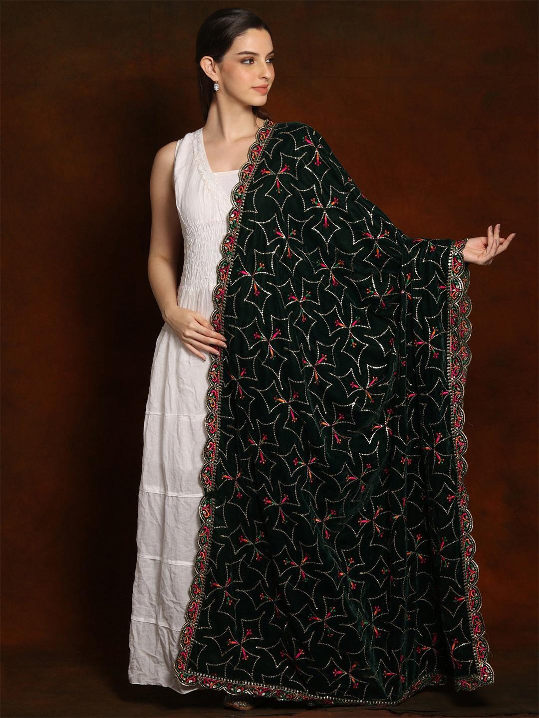 Exotic India Pine Grove Velvet Dupatta with Zari and Sequinned Diamond Pattern