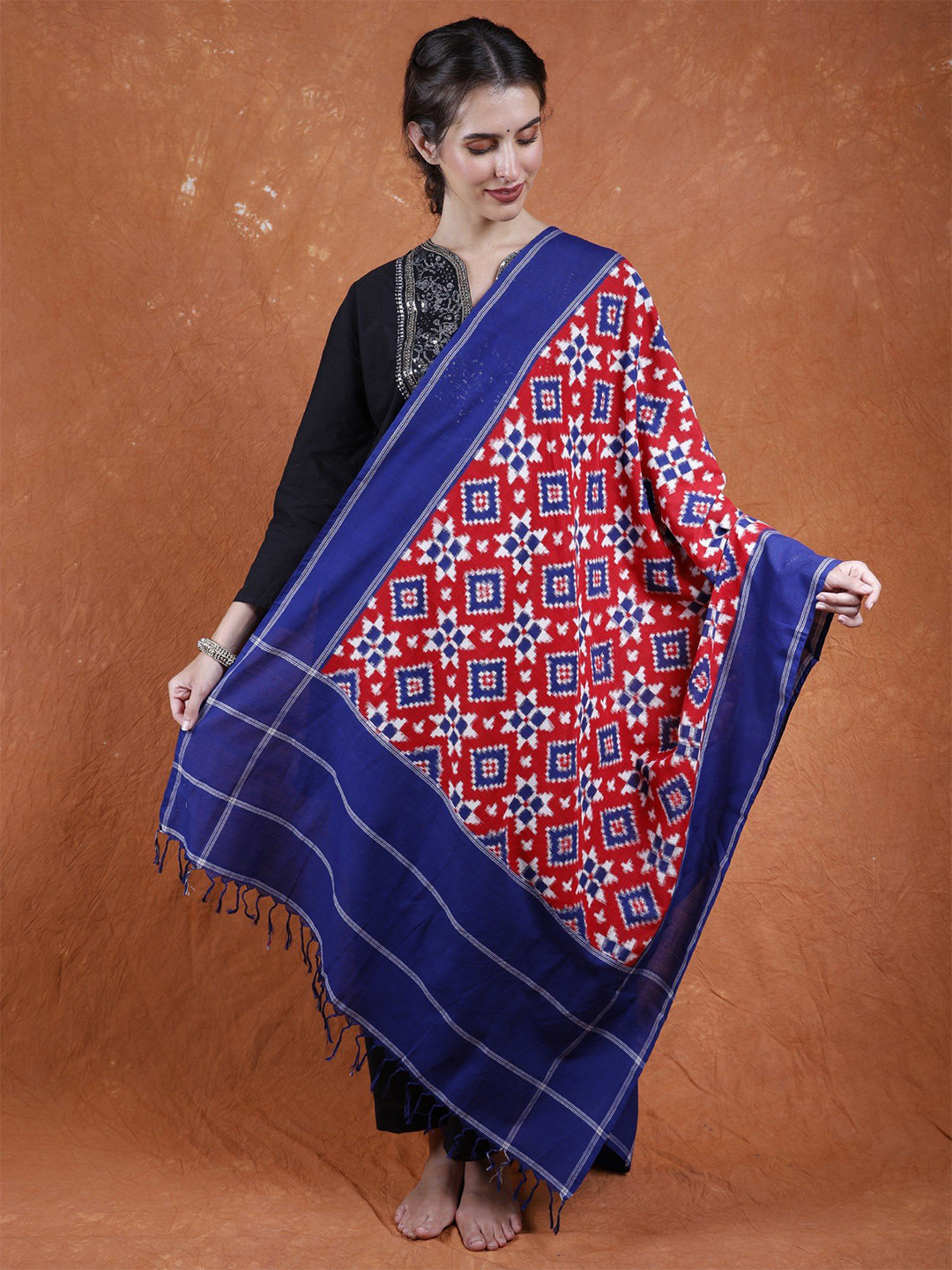 Exotic India Red Alert Pure Cotton Pochampally Handloom Dupatta with Double Ikat Weave