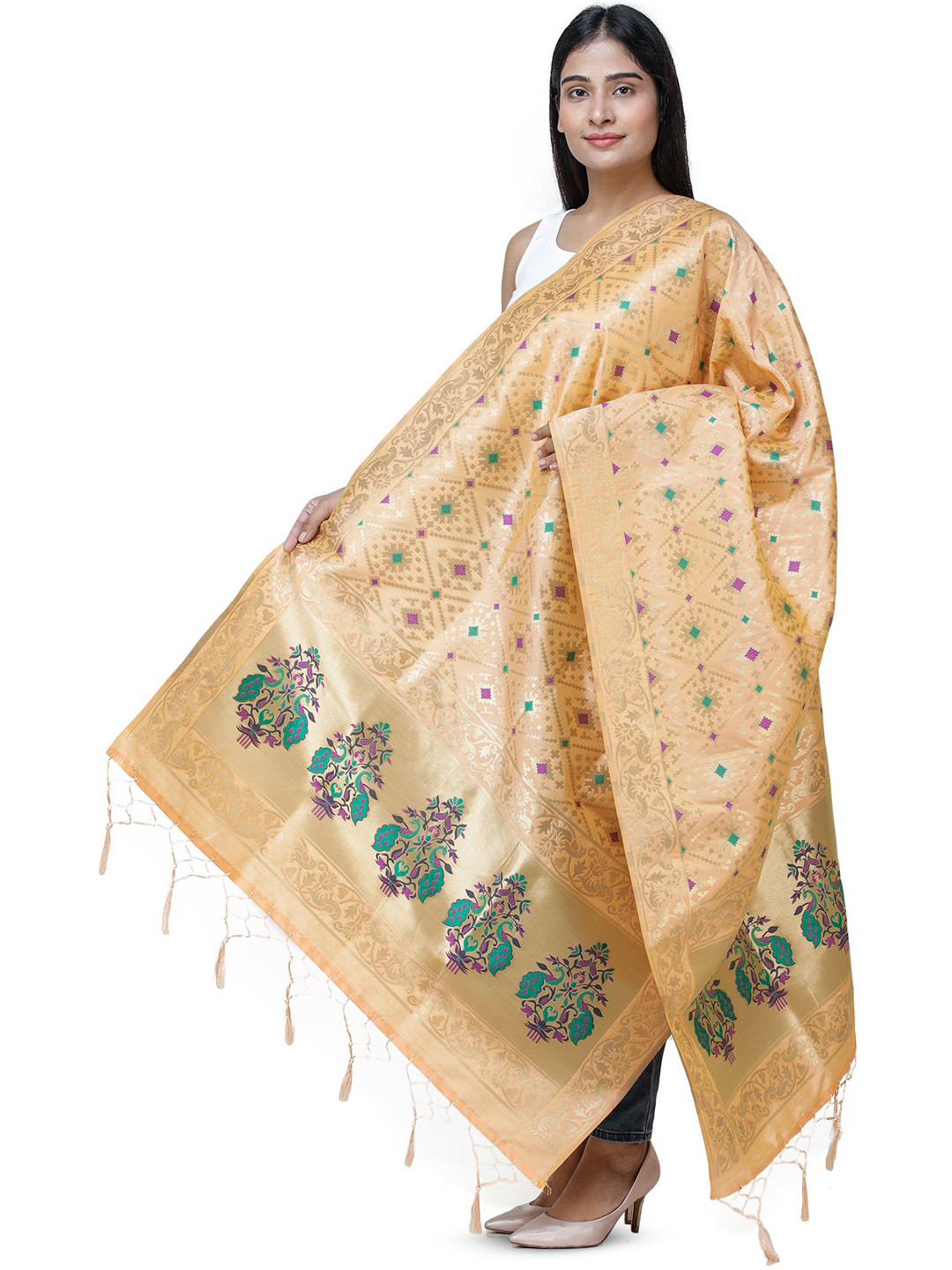 Exotic India Peach Brocade Art Silk Dupatta with Birds and Geometric Motifs All-Over