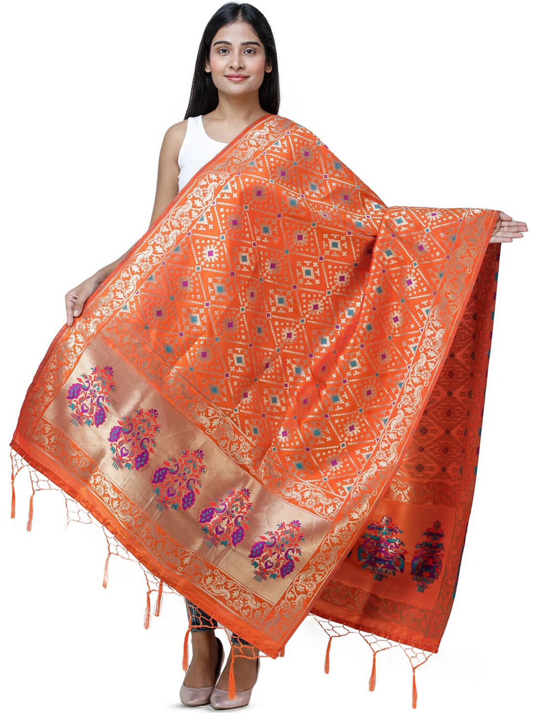 Exotic India Mandarin Orange Brocade Art Silk Dupatta with Birds and Geometric Motifs