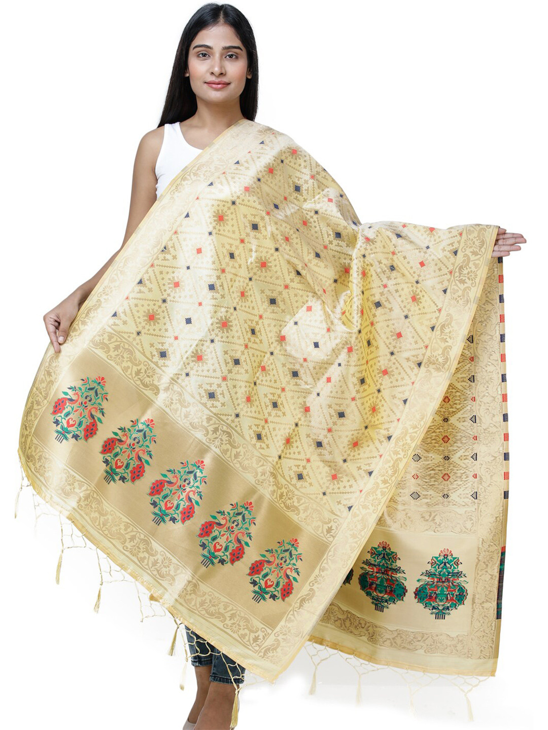 Exotic India Chamomile Brocade Art Silk Dupatta with Birds and Geometric Motifs