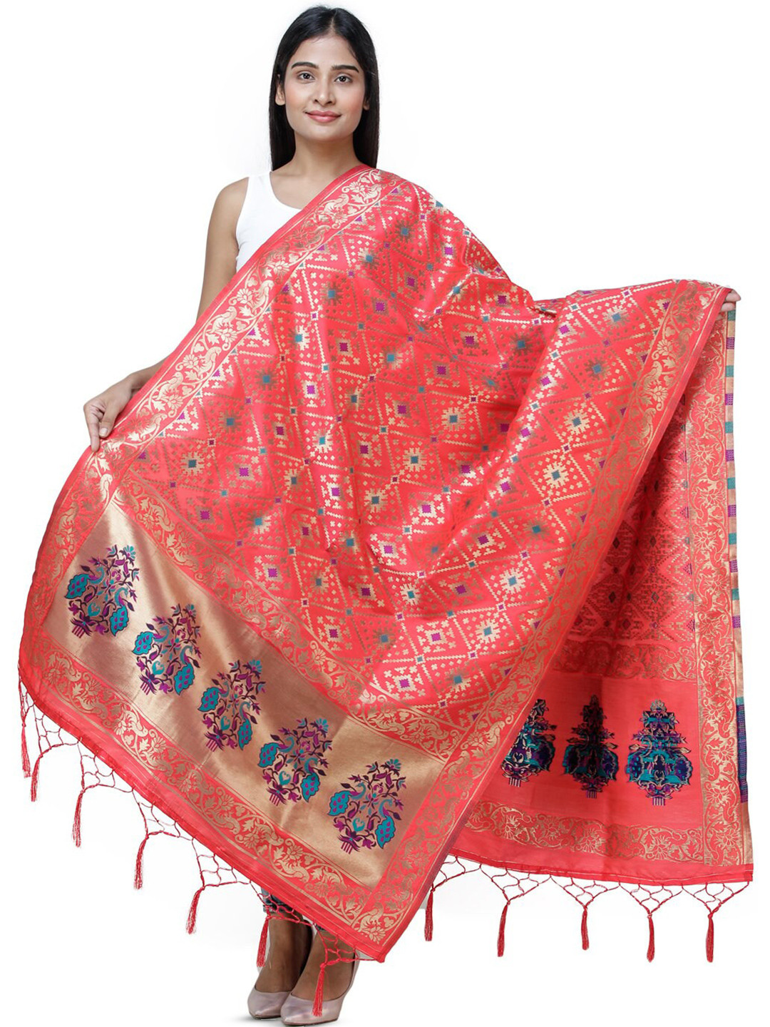 Exotic India Bittersweet Brocade Art Silk Dupatta with Birds and Geometric Motifs
