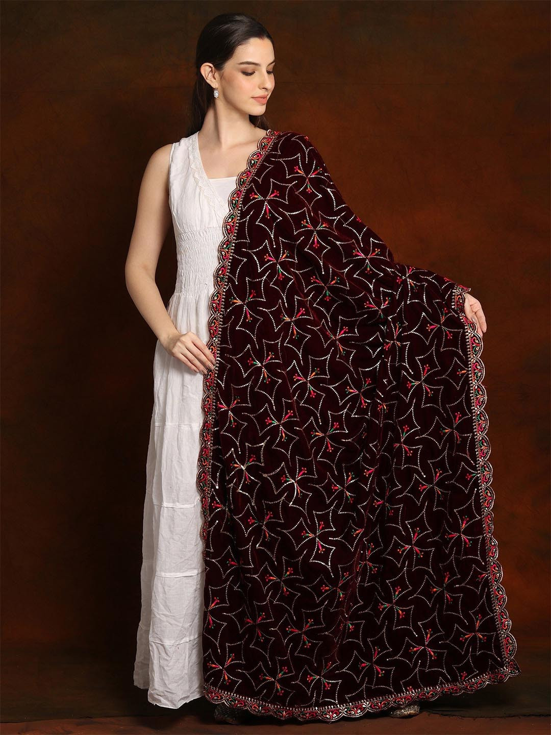 Exotic India Cabernet Velvet Dupatta with Zari and Sequinned Diamond Pattern