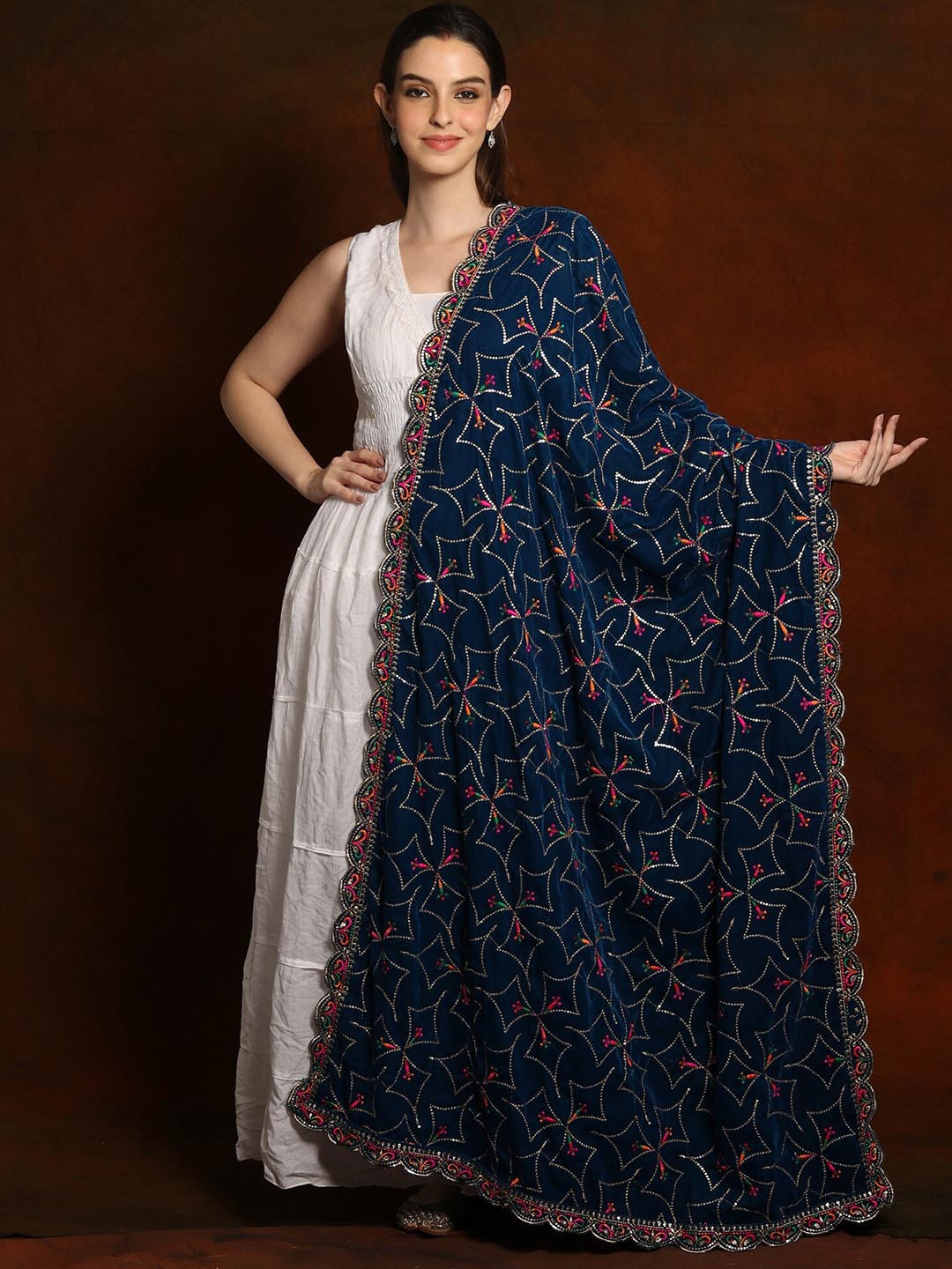Exotic India Galaxy Blue Velvet Dupatta with Zari and Sequinned Diamond Pattern