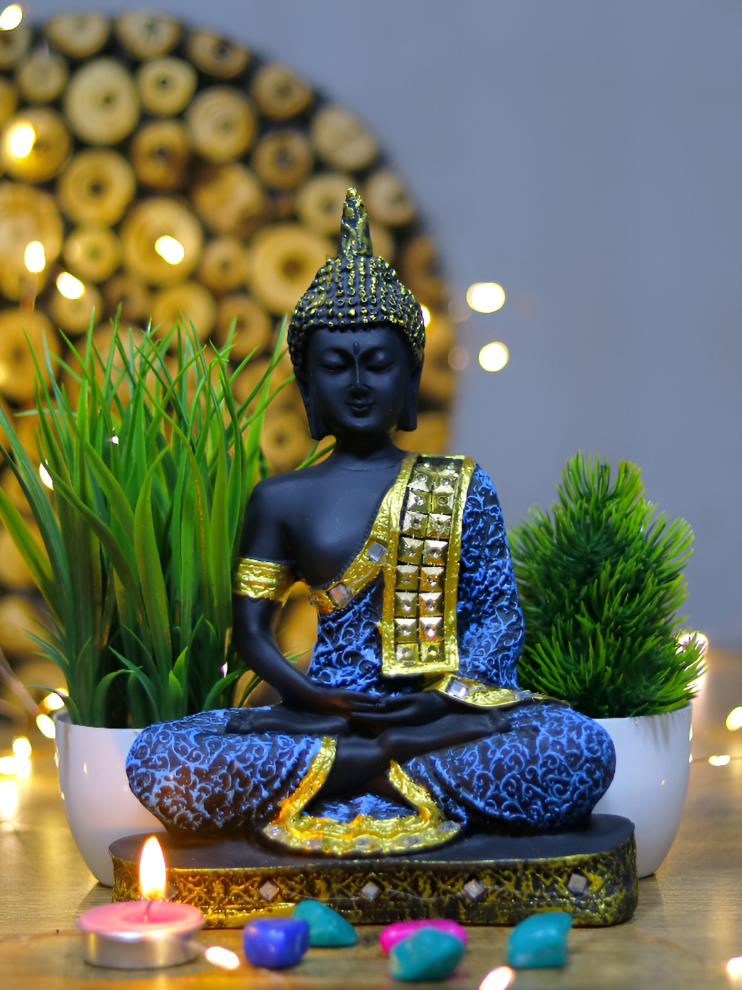 GW CREATIONS Blue & Green 3 Piecess Buddha Idol With Plants Showpieces