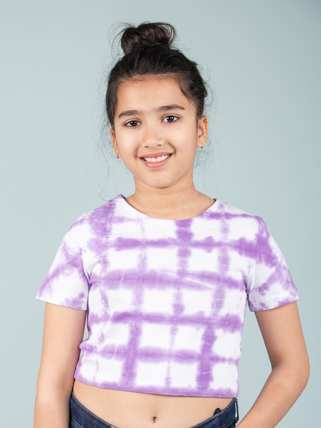 TWEENY MINI Tie and Dye Checked Short Sleeves Round Neck Cotton Crop Top