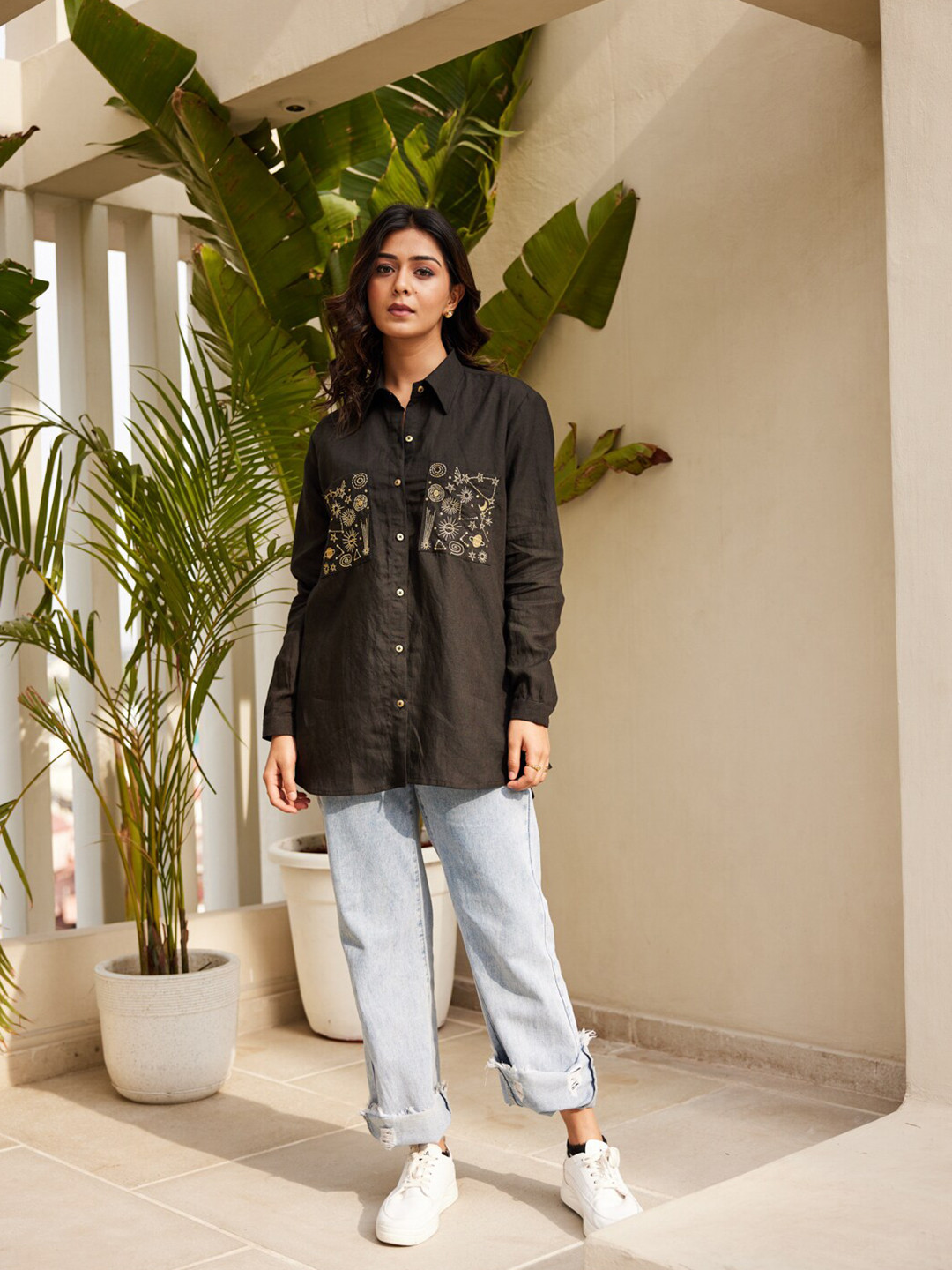 Ambraee Linen Long Sleeves Shirt Style Top